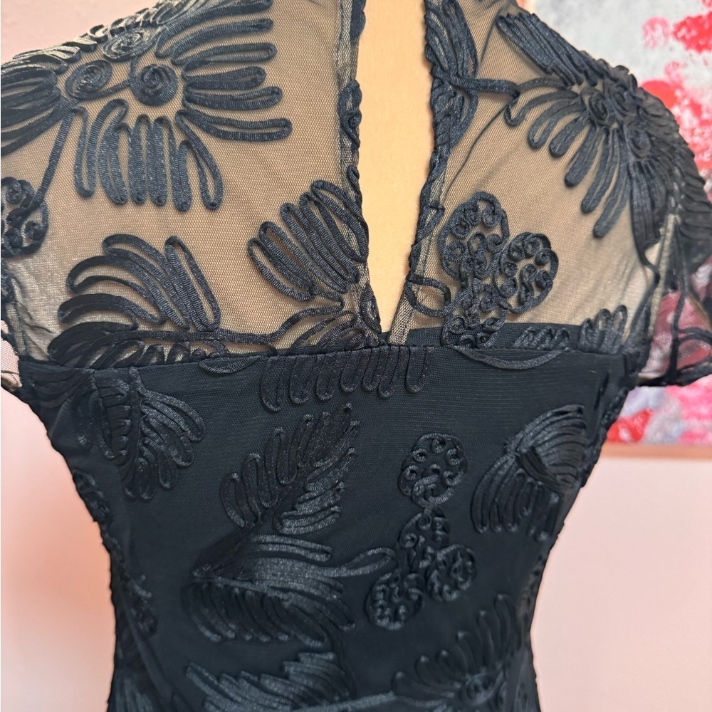 Halston Elegant Black Lace Dress with Illusion neckline - Picture 4 of 7
